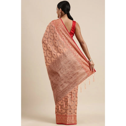 Generic Women's Chanderi Cotton Printed Saree With Unstitched Blouse (Peach, 5-6 Mtrs)