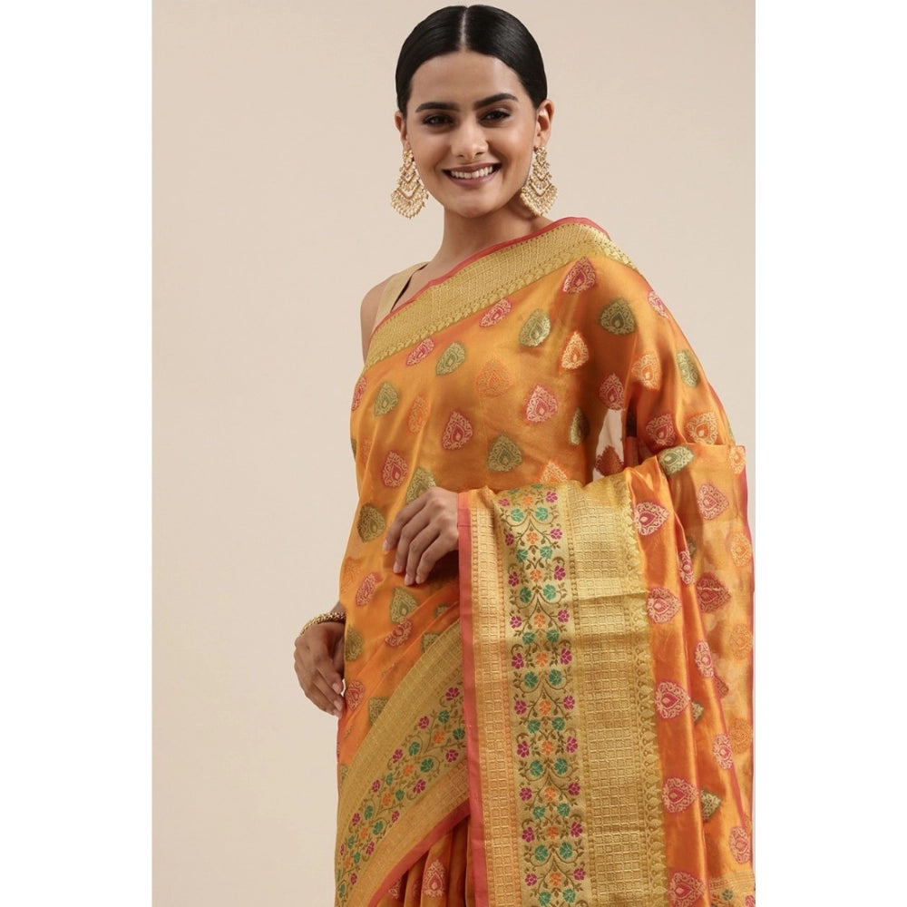 Generic Women's Organza Printed Saree With Unstitched Blouse (Mustard, 5-6 Mtrs)