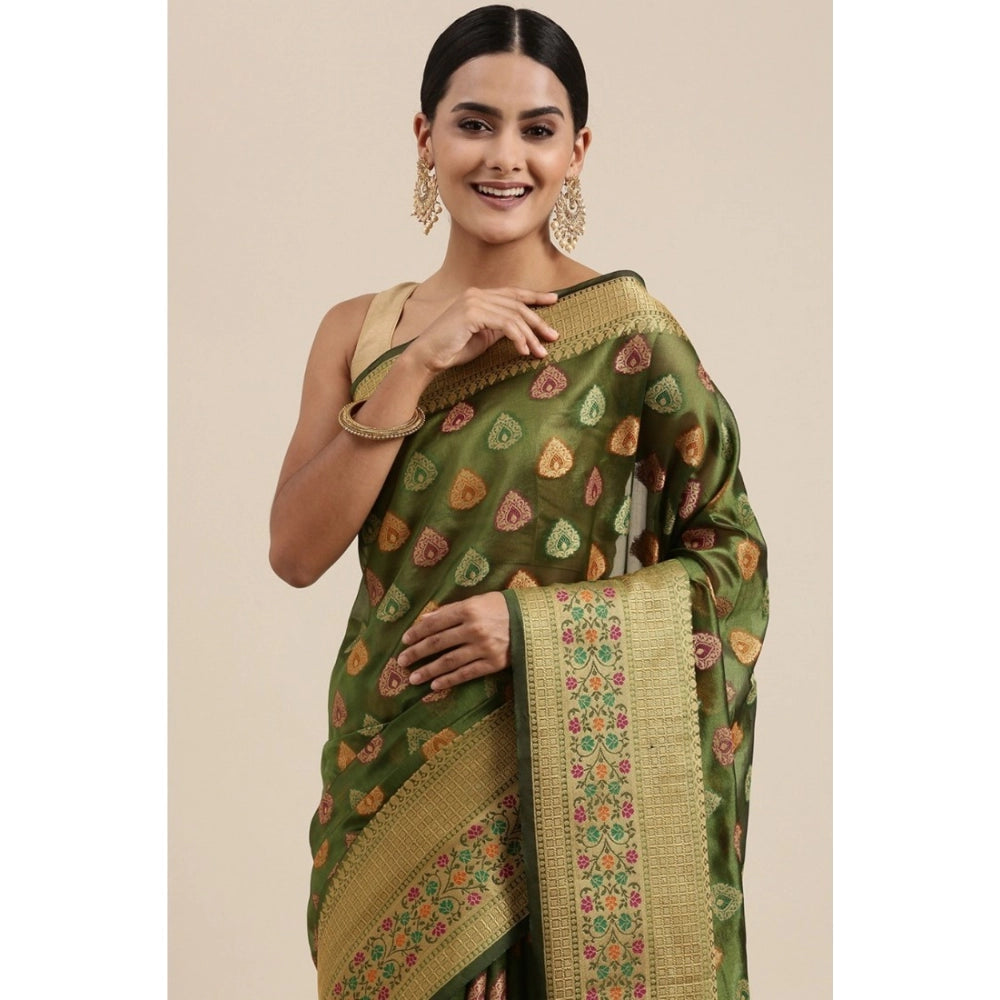 Generic Women's Organza Printed Saree With Unstitched Blouse (Mahendi, 5-6 Mtrs)