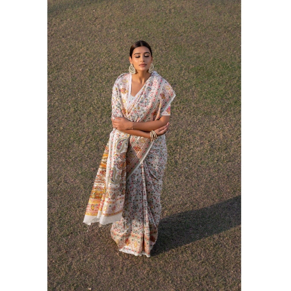 Generic Women's Linen Printed Saree With Unstitched Blouse (White, 5-6 Mtrs)