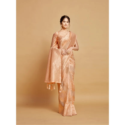 Generic Women's Linen Printed Saree With Unstitched Blouse (Peach, 5-6 Mtrs)