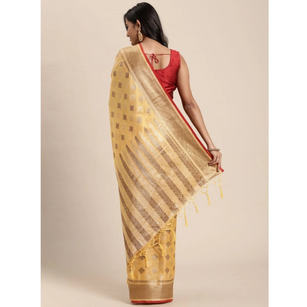 Generic Women's Chanderi Cotton Printed Saree With Unstitched Blouse (Yellow, 5-6 Mtrs)