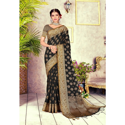 Generic Women's Chanderi Cotton Printed Saree With Unstitched Blouse (Black, 5-6 Mtrs)