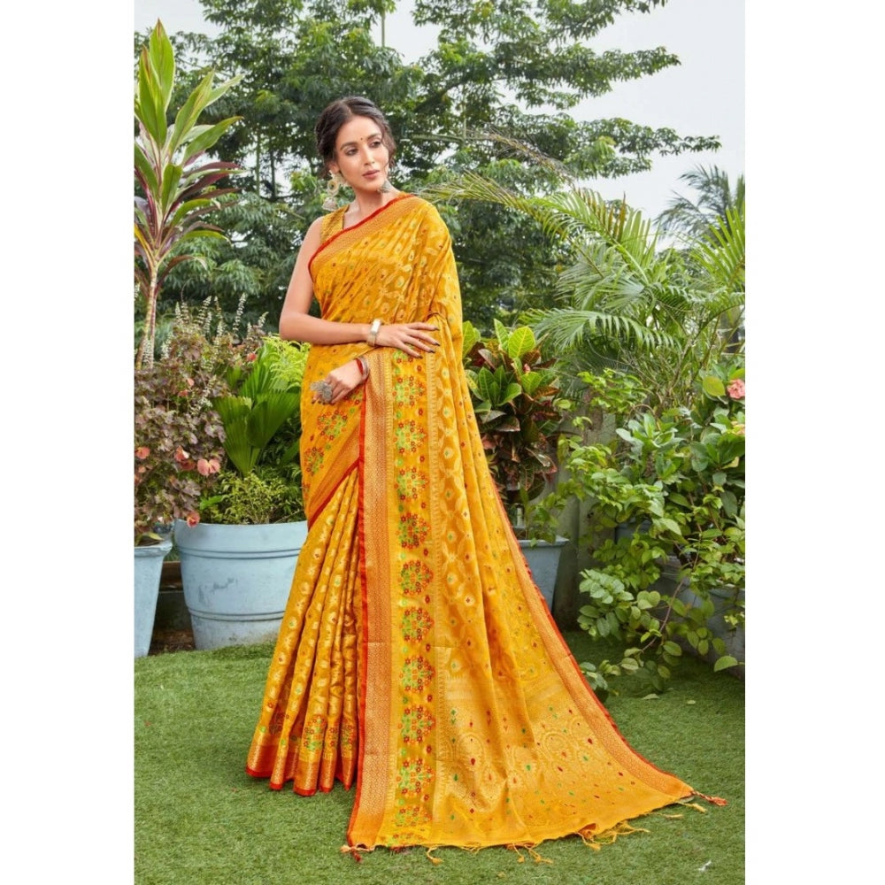 Generic Women's Organza Printed Saree With Unstitched Blouse (Mustard, 5-6 Mtrs)