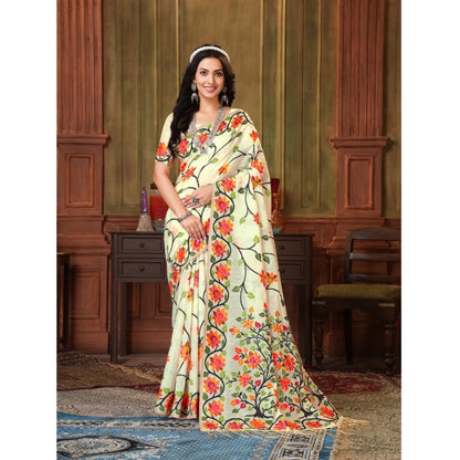 Generic Women's Organza Printed Saree With Unstitched Blouse (White, 5-6 Mtrs)