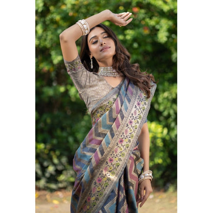 Generic Women's Organza Printed Saree With Unstitched Blouse (Teal, 5-6 Mtrs)