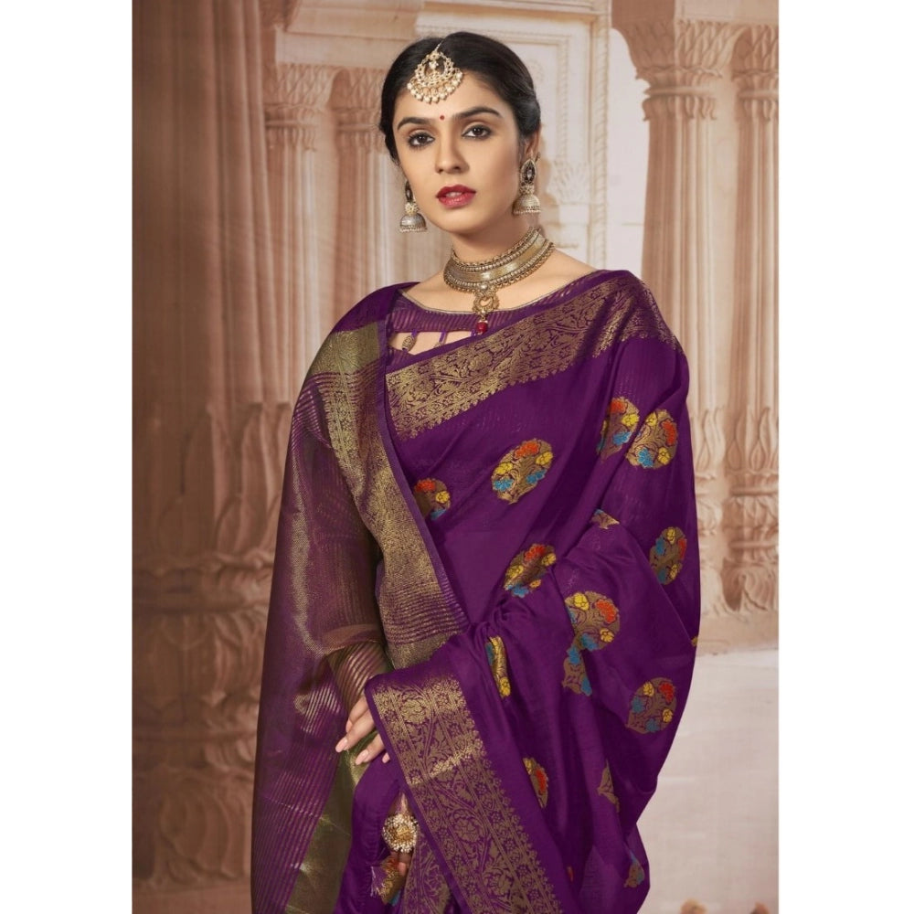 Generic Women's Chanderi Cotton Printed Saree With Unstitched Blouse (Purple, 5-6 Mtrs)