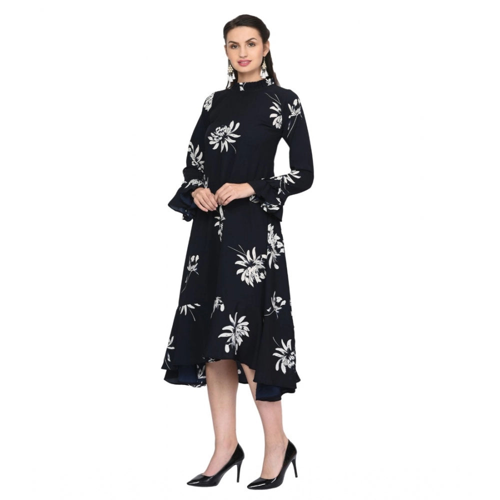 Women's Cotton Blend Floral Full Sleeves Dress (Black)