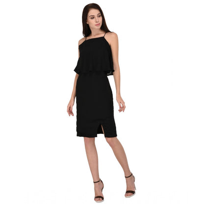 Women's Cotton Blend Solid Sleeveless Dress (Black)