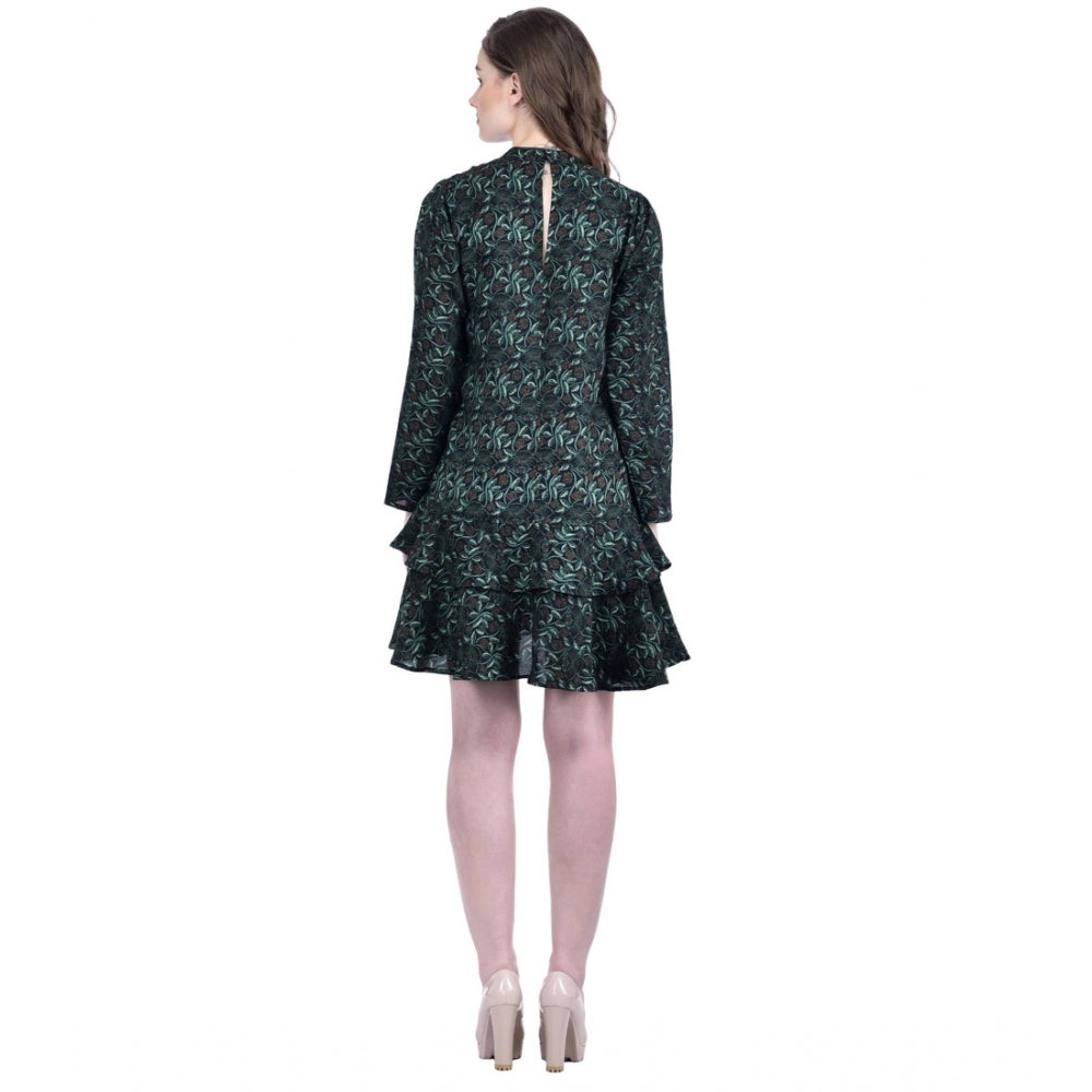 Women's Cotton Blend Floral Full Sleeves Dress (Green)