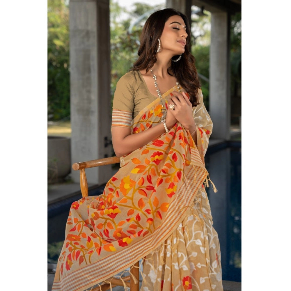 Generic Women's Cotton Printed Saree With Unstitched Blouse (Beige, 5-6 Mtrs)