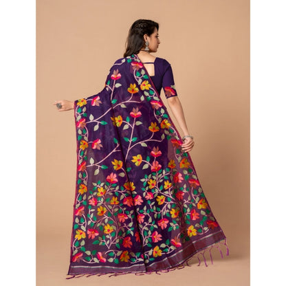 Generic Women's Cotton Printed Saree With Unstitched Blouse (Wine, 5-6 Mtrs)