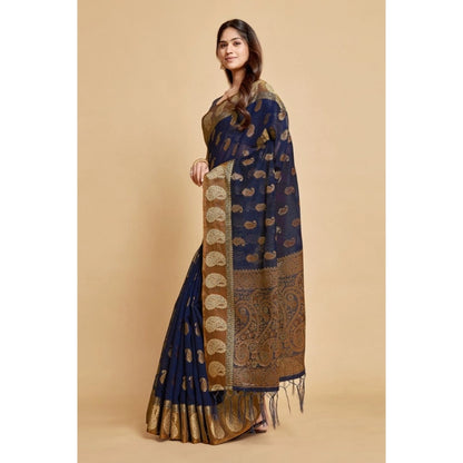 Generic Women's Chanderi Cotton Printed Saree With Unstitched Blouse (Navy Blue, 5-6 Mtrs)