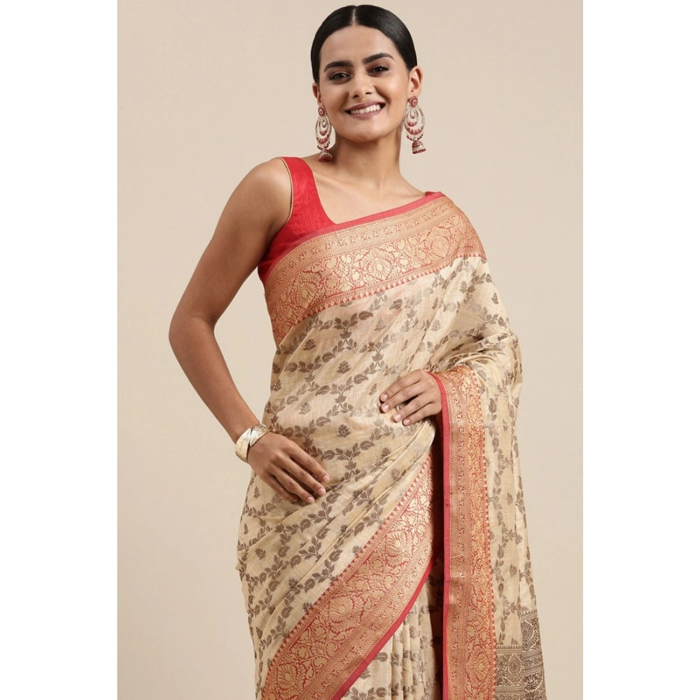 Generic Women's Chanderi Cotton Printed Saree With Unstitched Blouse (Beige, 5-6 Mtrs)