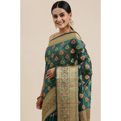 Generic Women's Organza Printed Saree With Unstitched Blouse (Sea Green, 5-6 Mtrs)