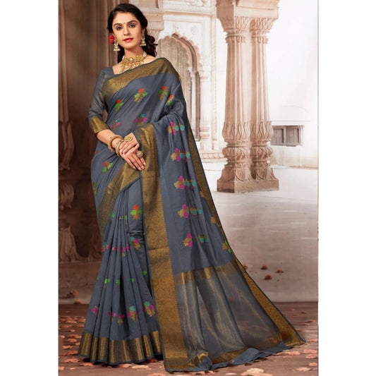 Generic Women's Linen Printed Saree With Unstitched Blouse (Grey, 5-6 Mtrs)