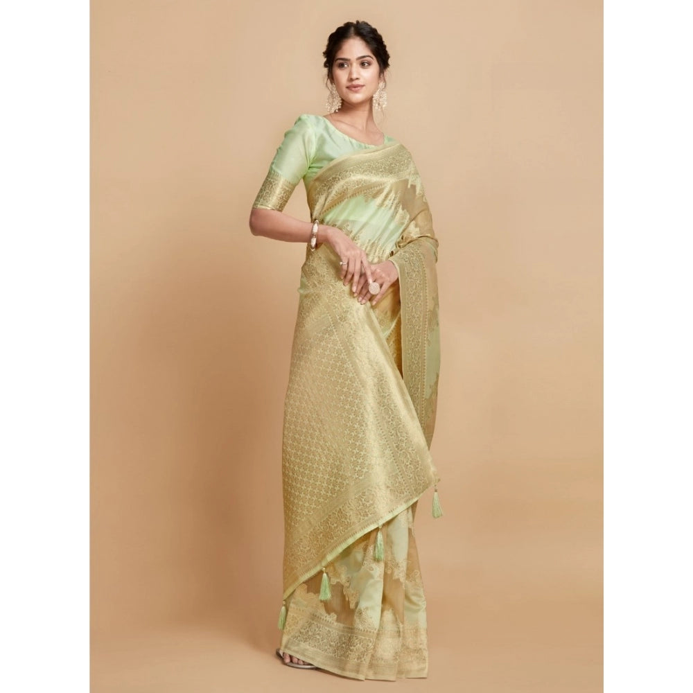 Generic Women's Linen Printed Saree With Unstitched Blouse (Pista, 5-6 Mtrs)