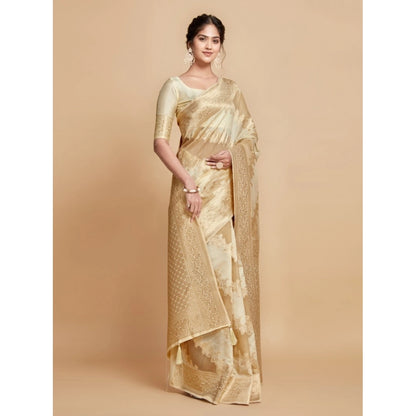 Generic Women's Linen Printed Saree With Unstitched Blouse (Beige, 5-6 Mtrs)