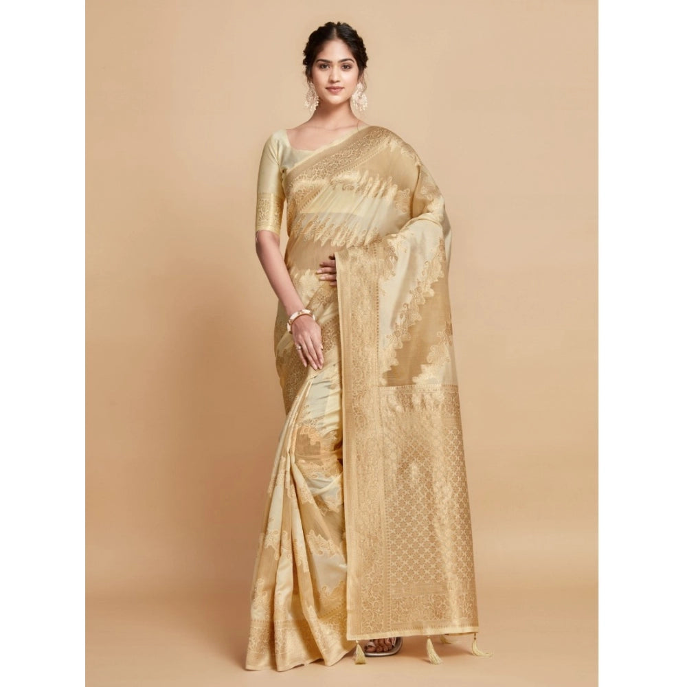 Generic Women's Linen Printed Saree With Unstitched Blouse (Beige, 5-6 Mtrs)