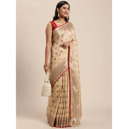 Generic Women's Chanderi Cotton Printed Saree With Unstitched Blouse (Beige, 5-6 Mtrs)