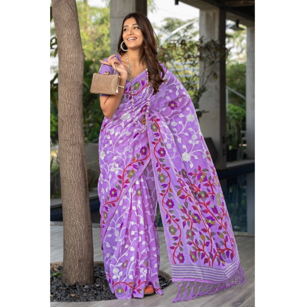 Generic Women's Cotton Printed Saree With Unstitched Blouse (Lavender, 5-6 Mtrs)