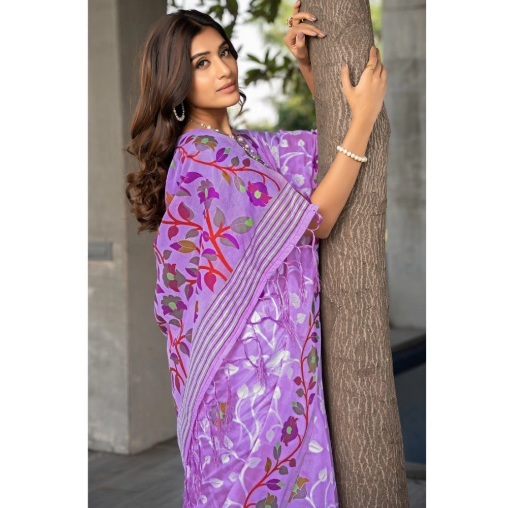 Generic Women's Cotton Printed Saree With Unstitched Blouse (Lavender, 5-6 Mtrs)