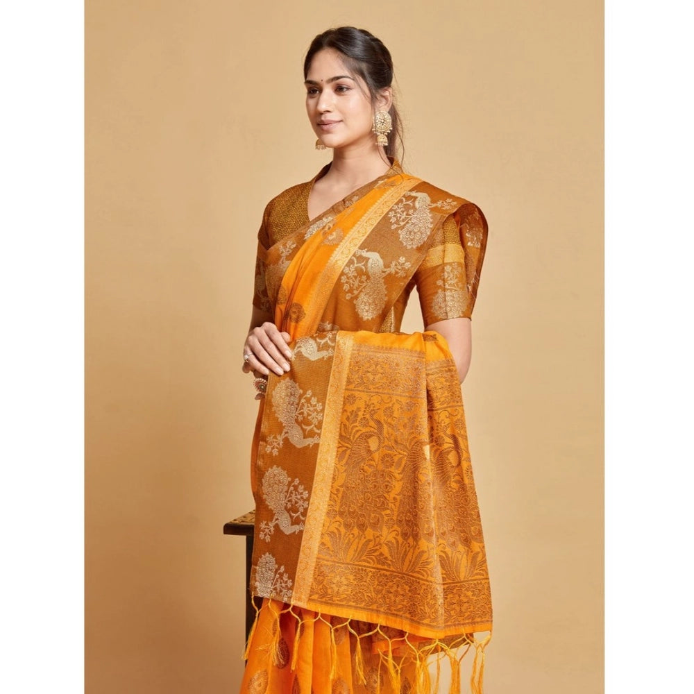 Generic Women's Organza Printed Saree With Unstitched Blouse (Mustard, 5-6 Mtrs)