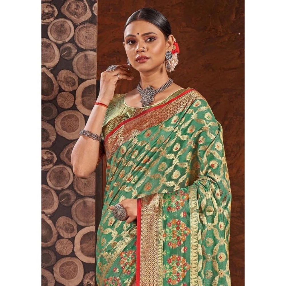 Generic Women's Organza Printed Saree With Unstitched Blouse (Sea Green, 5-6 Mtrs)