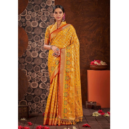 Generic Women's Organza Printed Saree With Unstitched Blouse (Yellow, 5-6 Mtrs)