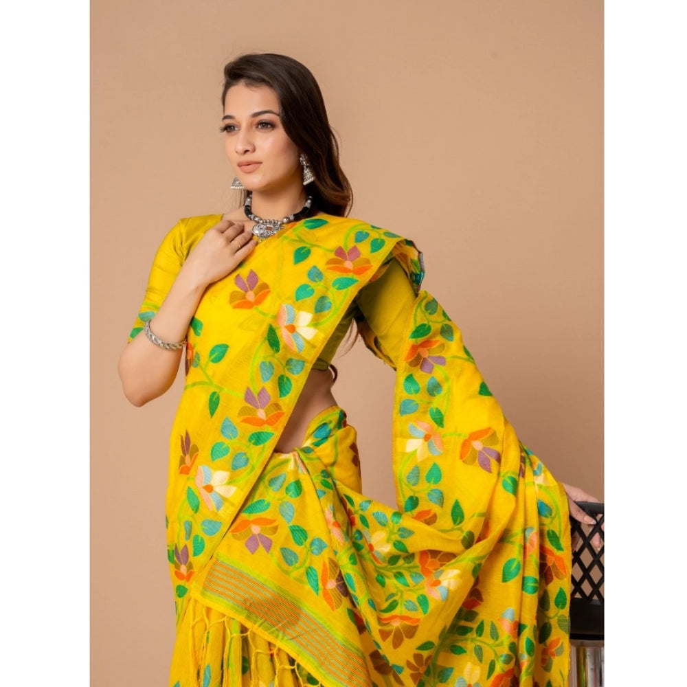 Generic Women's Cotton Printed Saree With Unstitched Blouse (Yellow, 5-6 Mtrs)