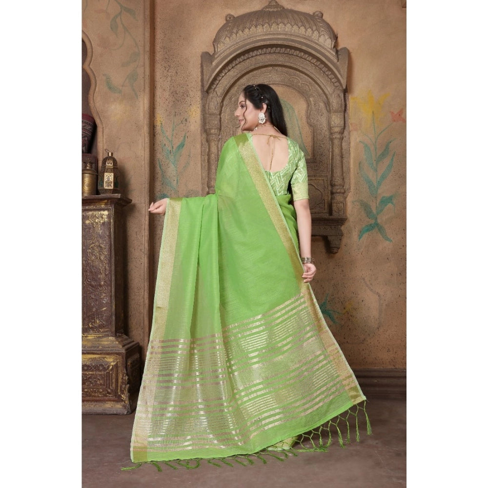 Generic Women's Soft Linen Striped Saree With Unstitched Blouse (Green, 5-6 Mtrs)