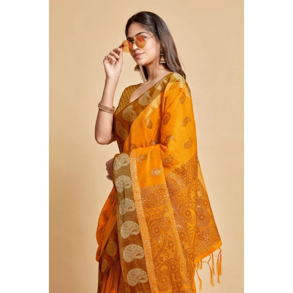 Generic Women's Chanderi Cotton Printed Saree With Unstitched Blouse (Mustard, 5-6 Mtrs)