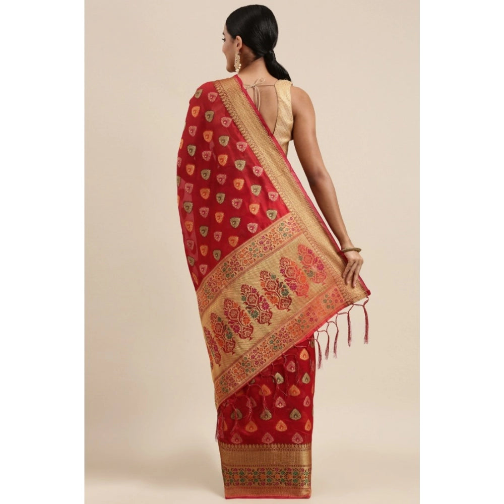 Generic Women's Organza Printed Saree With Unstitched Blouse (Red, 5-6 Mtrs)