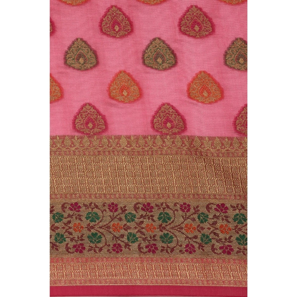 Generic Women's Organza Printed Saree With Unstitched Blouse (Pink, 5-6 Mtrs)