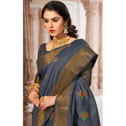 Generic Women's Linen Printed Saree With Unstitched Blouse (Grey, 5-6 Mtrs)