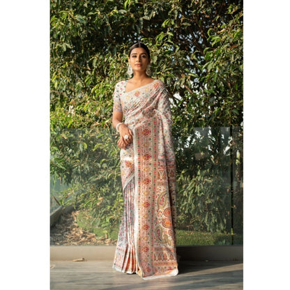 Generic Women's Linen Printed Saree With Unstitched Blouse (Off-White, 5-6 Mtrs)