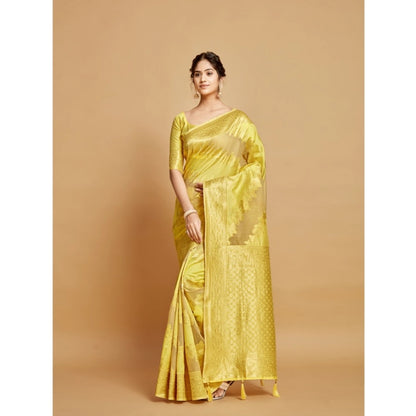 Generic Women's Linen Printed Saree With Unstitched Blouse (Yellow, 5-6 Mtrs)