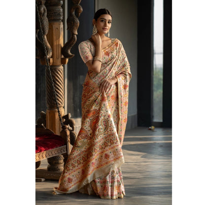 Generic Women's Linen Printed Saree With Unstitched Blouse (Beige, 5-6 Mtrs)