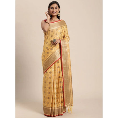 Generic Women's Chanderi Cotton Printed Saree With Unstitched Blouse (Yellow, 5-6 Mtrs)