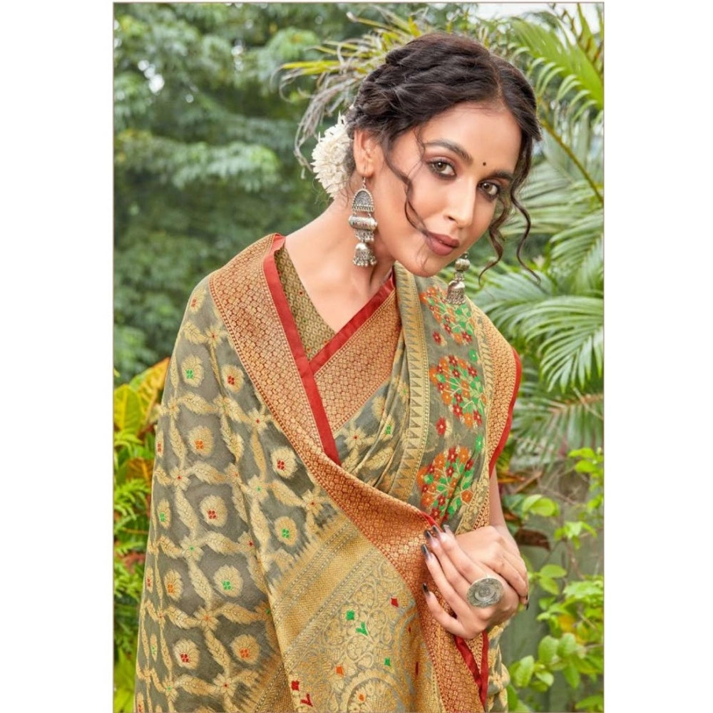 Generic Women's Organza Printed Saree With Unstitched Blouse (Grey, 5-6 Mtrs)