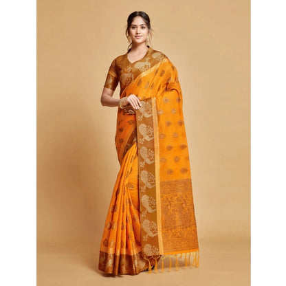 Generic Women's Organza Printed Saree With Unstitched Blouse (Mustard, 5-6 Mtrs)