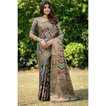 Generic Women's Organza Printed Saree With Unstitched Blouse (Grey, 5-6 Mtrs)