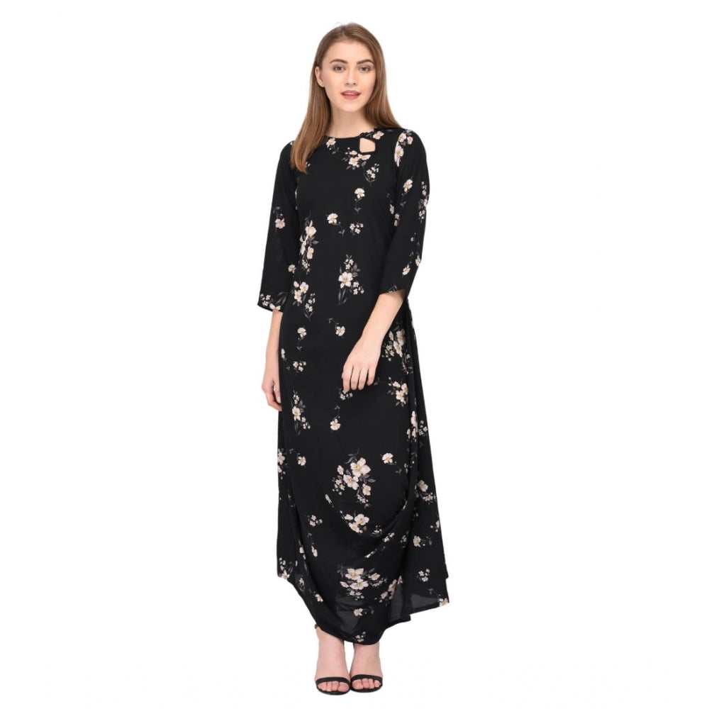 Women's Cotton Blend Abstract Full Sleeves Dress (Black)