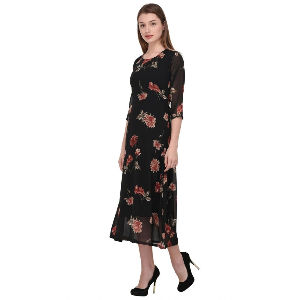 Women's Cotton Blend Floral 3-4 Sleeve Dress (Black)