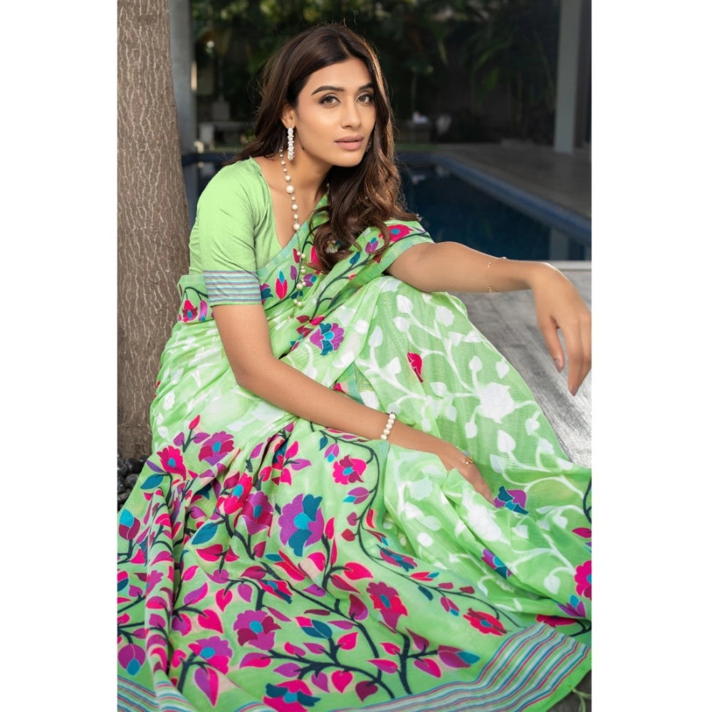 Generic Women's Cotton Printed Saree With Unstitched Blouse (Green, 5-6 Mtrs)