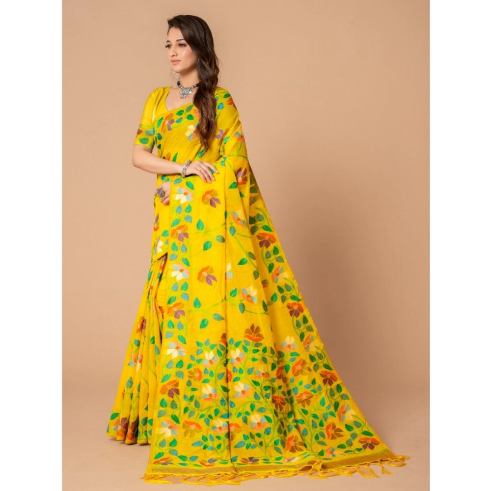 Generic Women's Cotton Printed Saree With Unstitched Blouse (Yellow, 5-6 Mtrs)