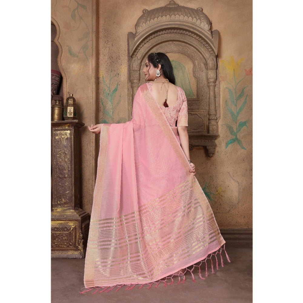 Generic Women's Soft Linen Striped Saree With Unstitched Blouse (PInk, 5-6 Mtrs)