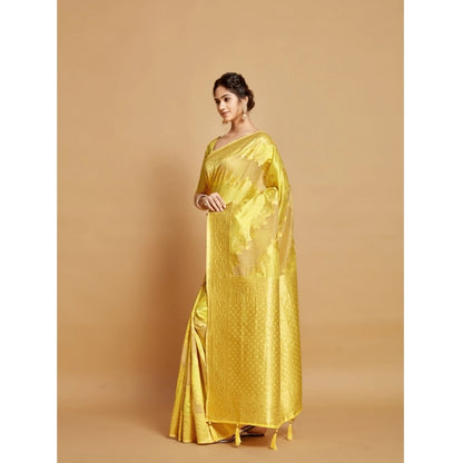 Generic Women's Linen Printed Saree With Unstitched Blouse (Yellow, 5-6 Mtrs)