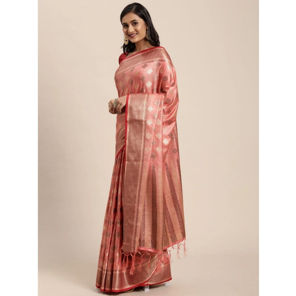 Generic Women's Chanderi Cotton Printed Saree With Unstitched Blouse (Pink, 5-6 Mtrs)