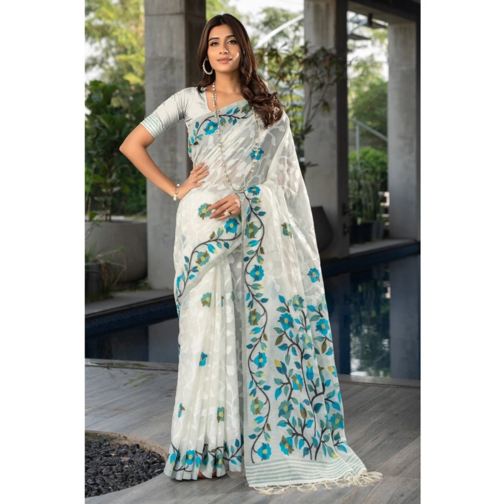 Generic Women's Cotton Printed Saree With Unstitched Blouse (White, 5-6 Mtrs)